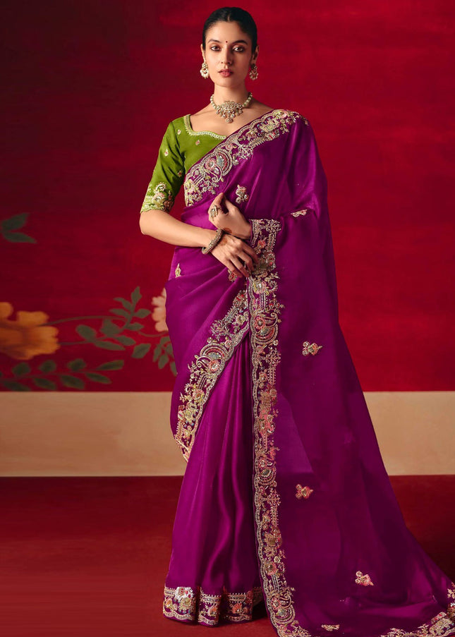 Purple and Green Embroidered Festive Saree