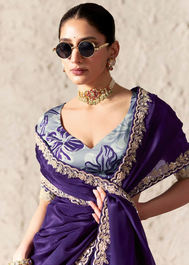 Purple Printed and Embroidered Festive Saree