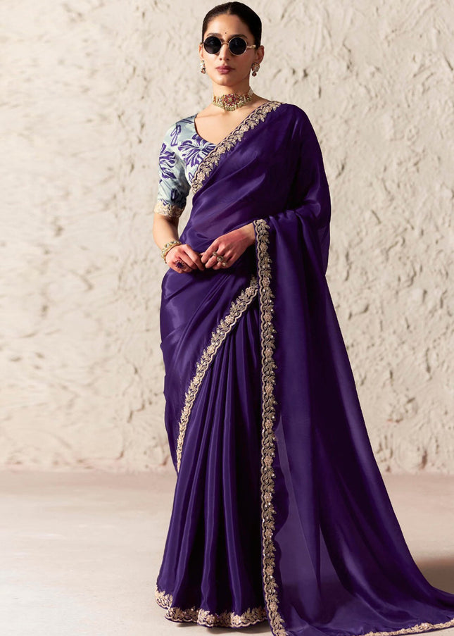 Purple Printed and Embroidered Festive Saree