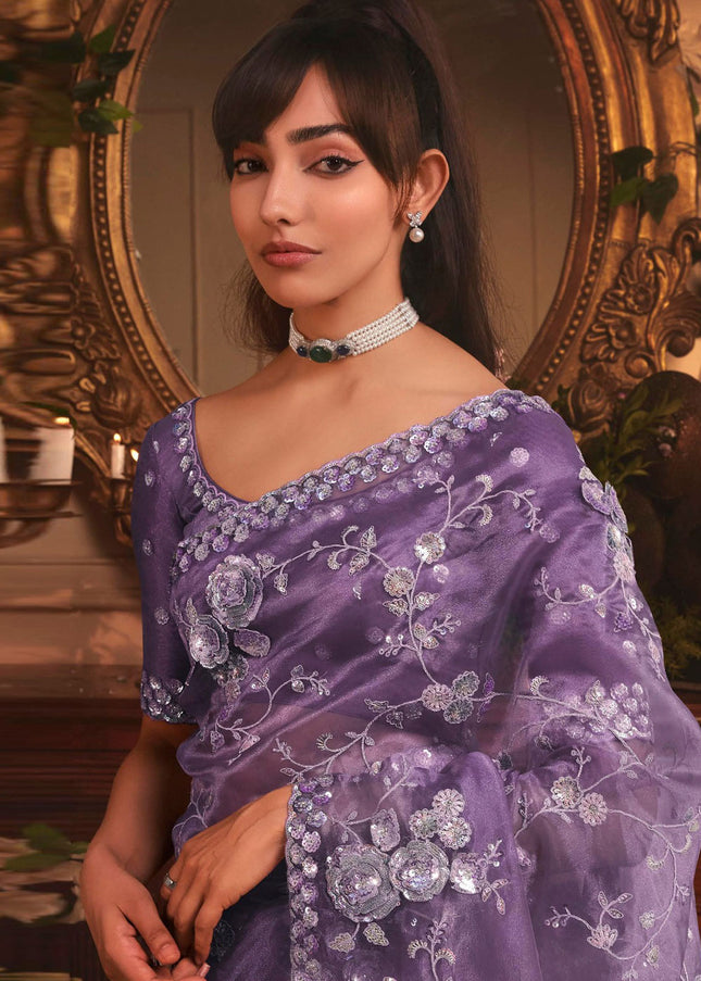 Purple Embroidered Festive Saree
