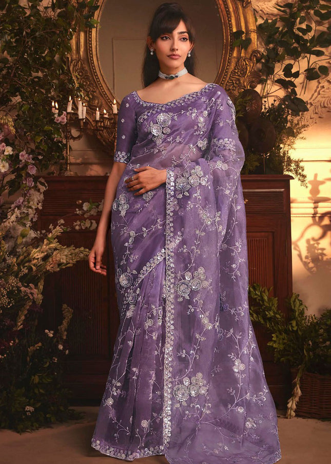 Purple Embroidered Festive Saree