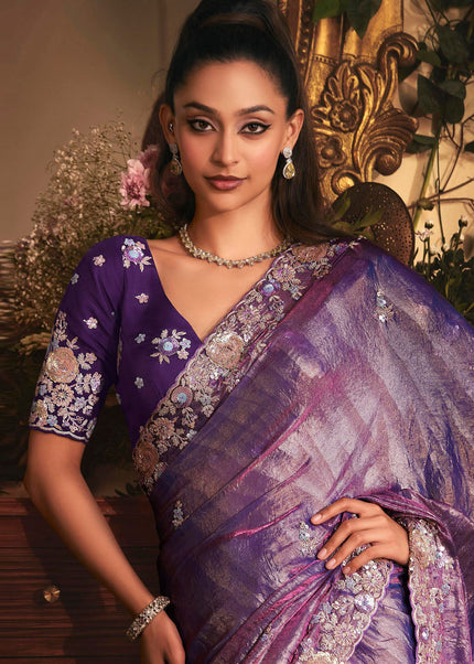 Purple Embroidered Festive Saree