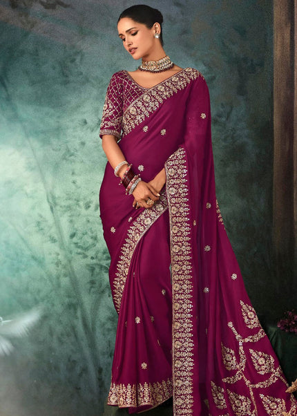 Maroon Embroidered Festive Saree