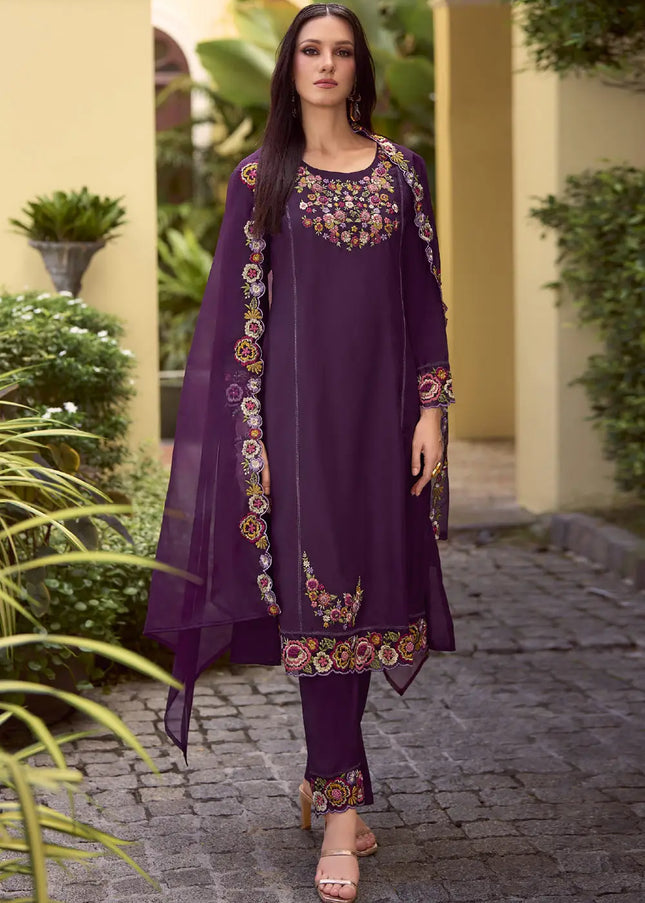 Purple Embroidered Pant Style Suit