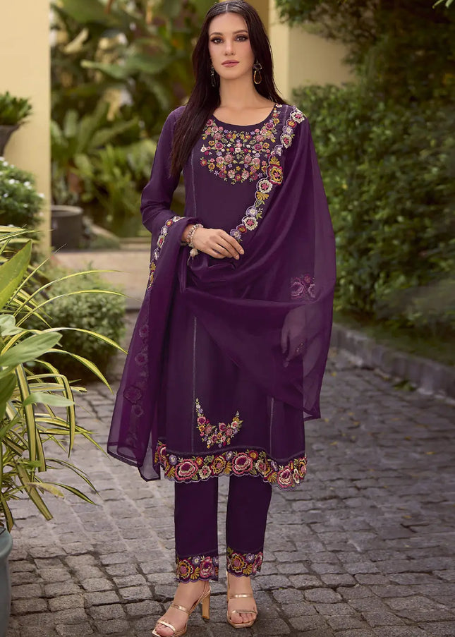 Purple Embroidered Pant Style Suit