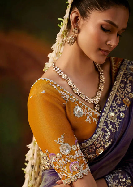 Purple and Mustard Yellow Embroidered Festive Saree