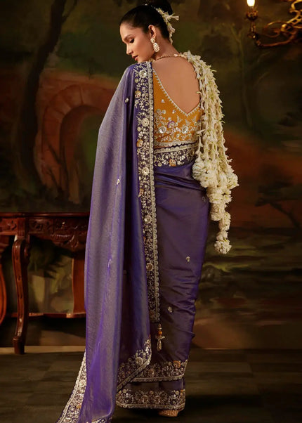 Purple and Mustard Yellow Embroidered Festive Saree