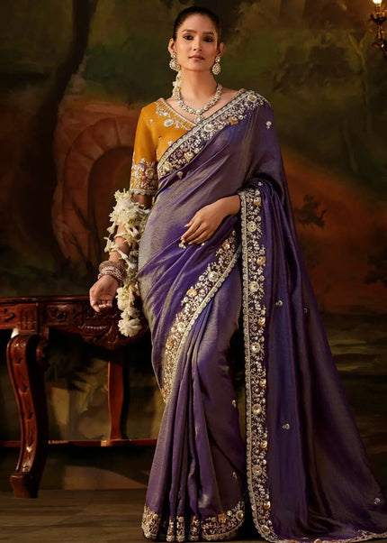 Purple and Mustard Yellow Embroidered Festive Saree