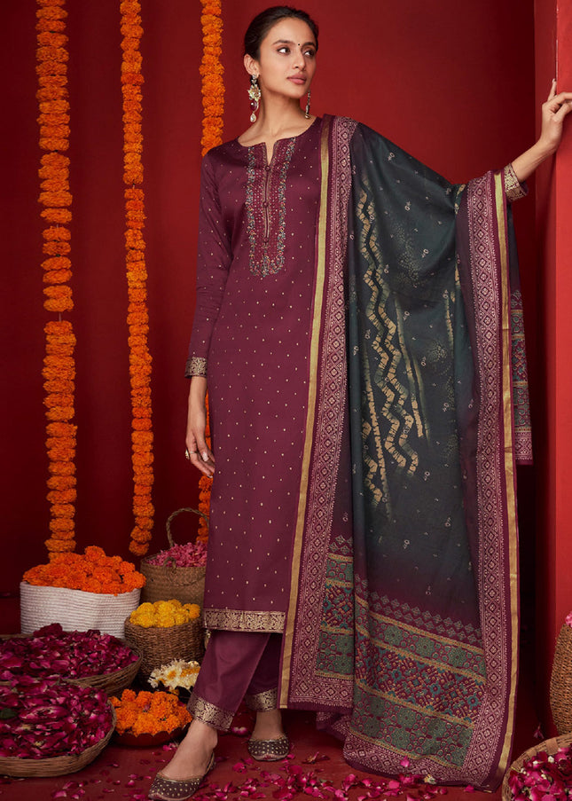 Purple Embroidered Straight Cut Suit
