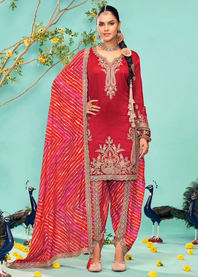 Red Embroidered Tulip Pant Suit