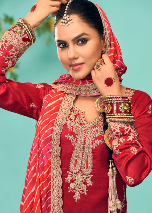 Red Embroidered Tulip Pant Suit