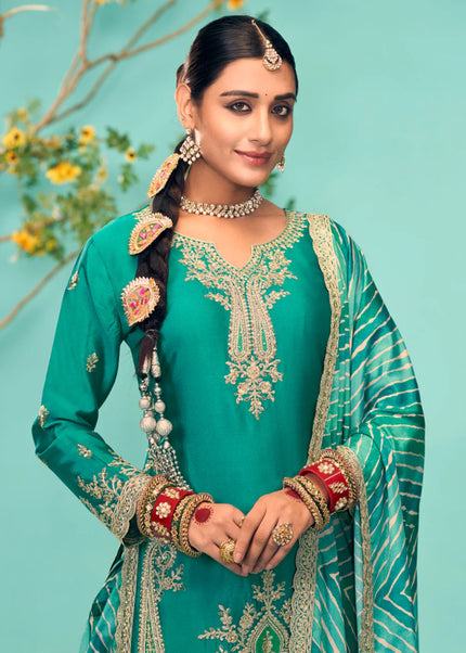 Teal Embroidered Tulip Pant Suit