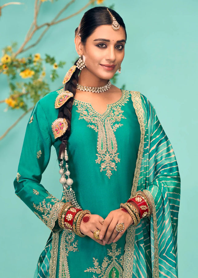 Teal Embroidered Tulip Pant Suit