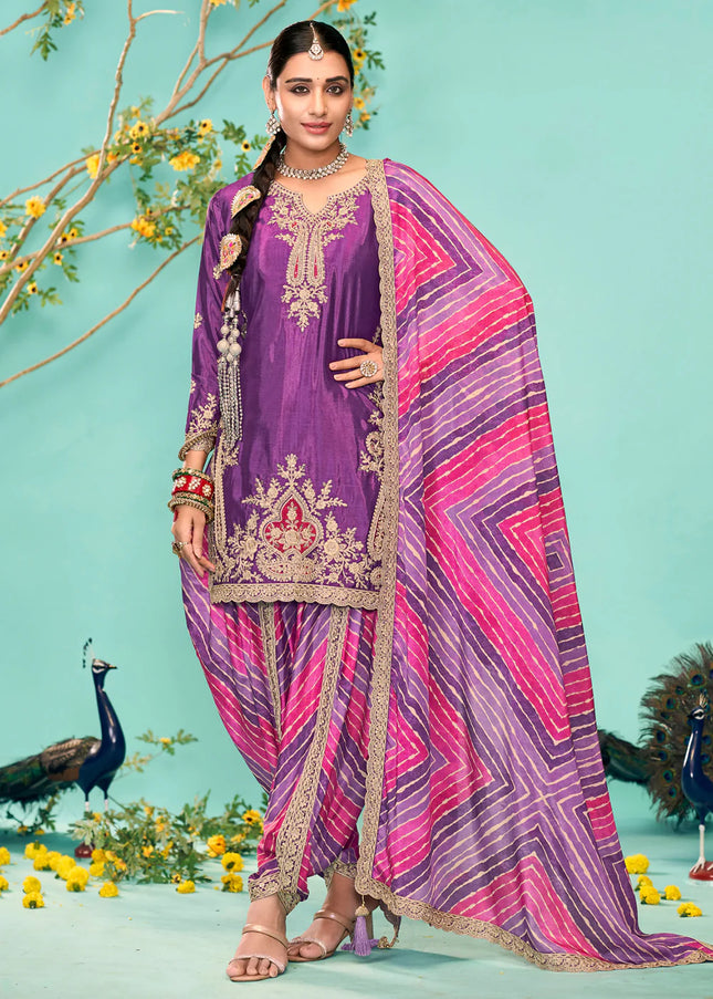 Purple Embroidered Tulip Pant Suit