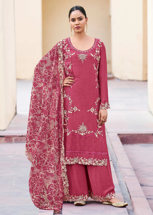 Pink Embroidered Palazzo Suit