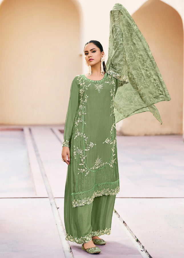 Green Embroidered Palazzo Suit