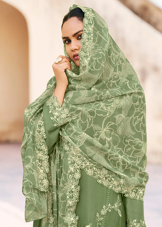 Green Embroidered Palazzo Suit