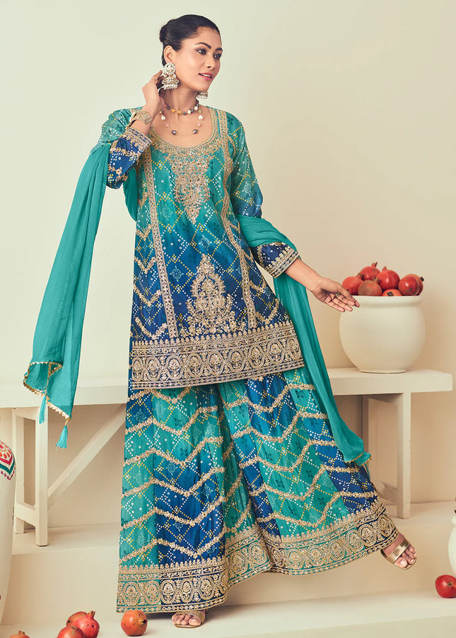 Teal Embroidered Sharara Suit