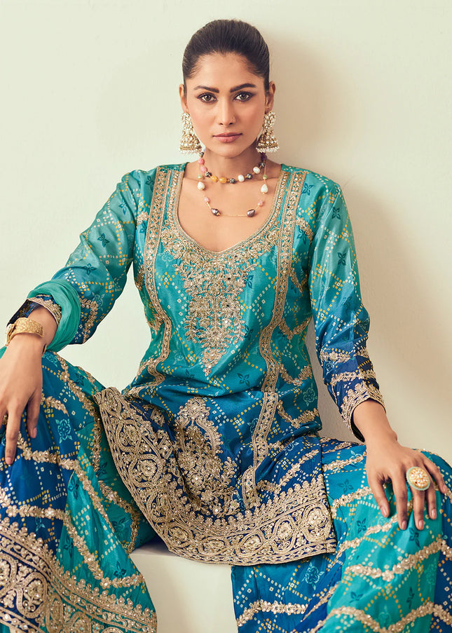 Teal Embroidered Sharara Suit