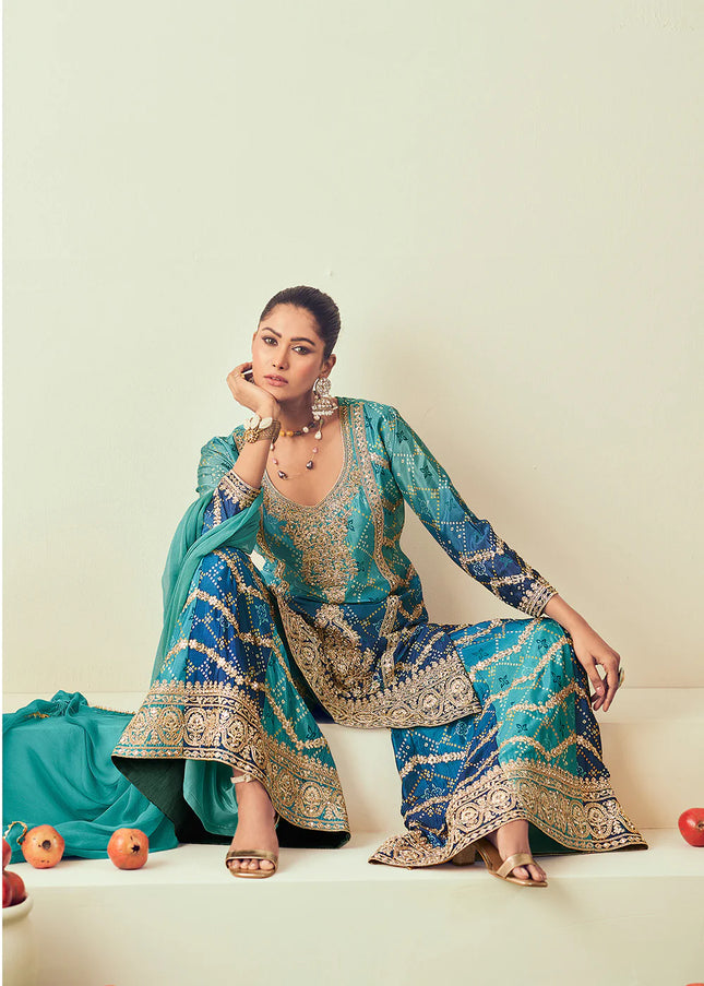 Teal Embroidered Sharara Suit