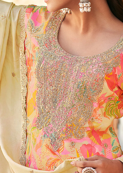 Cream Multicolor Embroidered Palazzo Suit