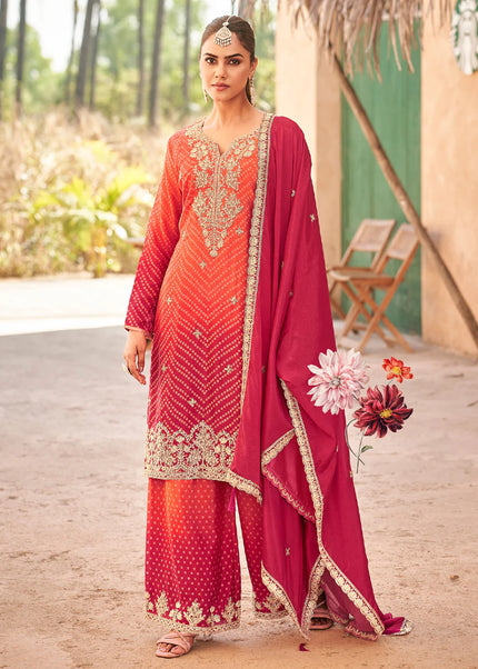 Orange and Maroon Embroidered Palazzo Suit
