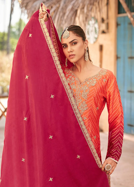 Orange and Maroon Embroidered Palazzo Suit
