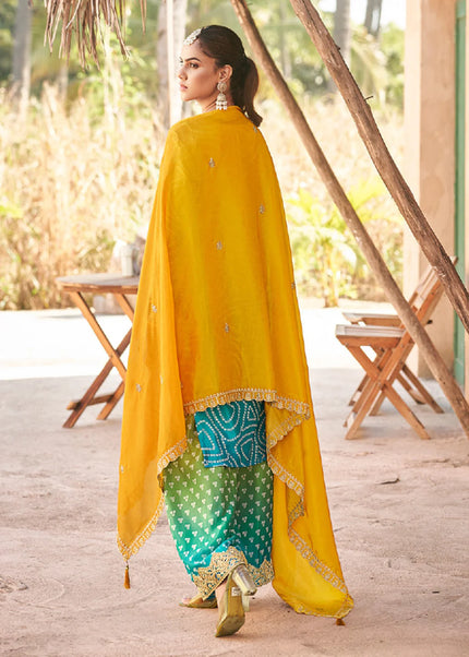 Mustard and Teal Embroidered Palazzo Suit