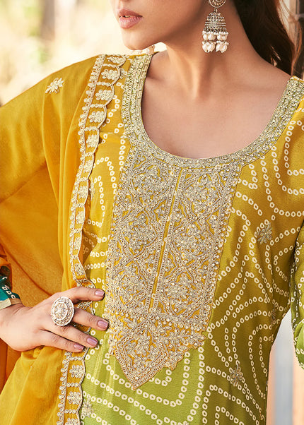 Mustard and Teal Embroidered Palazzo Suit