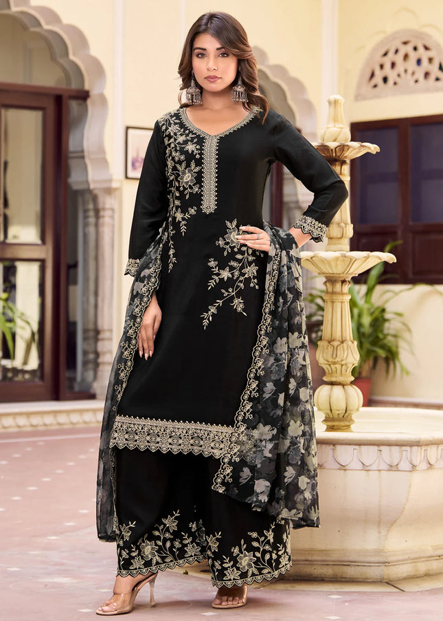 Floral Printed and Embroidered Palazzo Suit