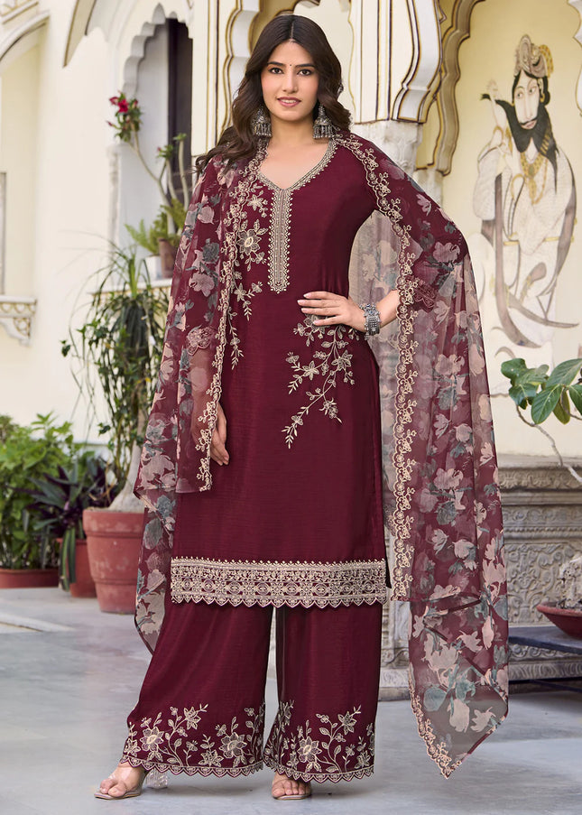 Floral Printed and Embroidered Palazzo Suit