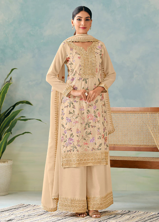 Beige Embroidered Palazzo Suit