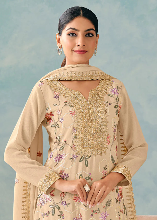 Beige Embroidered Palazzo Suit