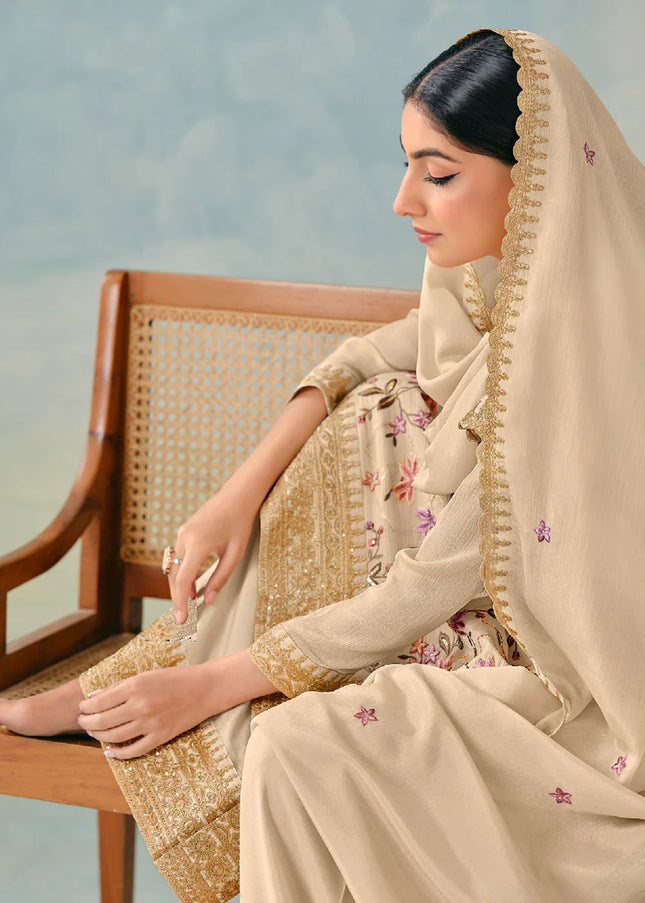 Beige Embroidered Palazzo Suit