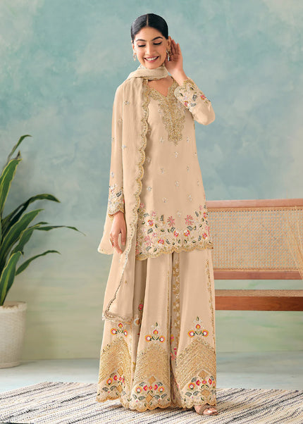 Beige Embroidered Sharara Suit