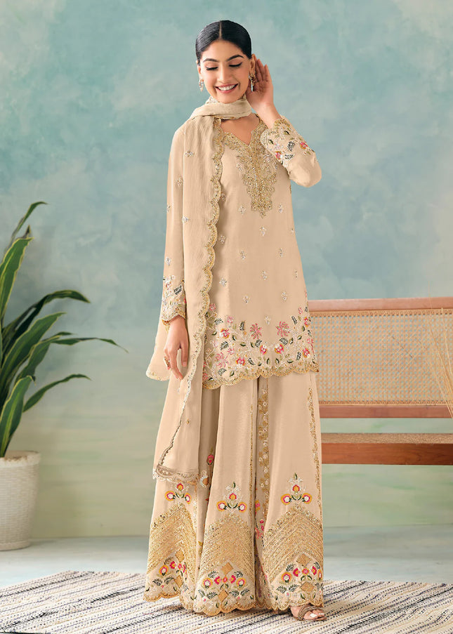 Beige Embroidered Sharara Suit