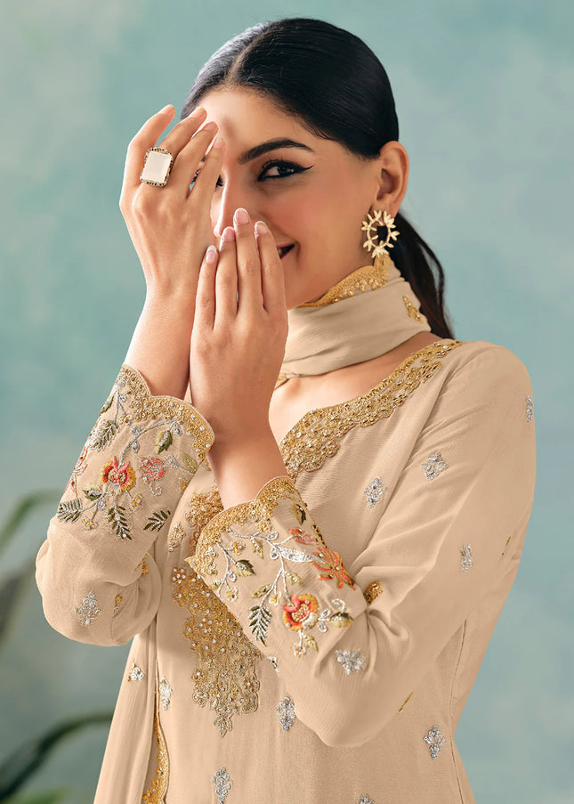 Beige Embroidered Sharara Suit