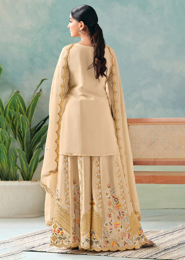 Beige Embroidered Sharara Suit