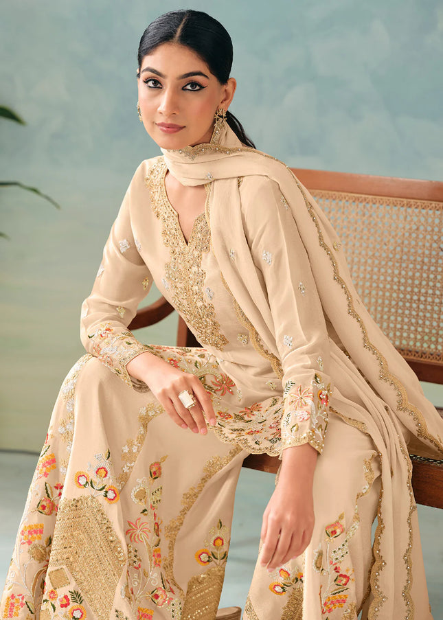 Beige Embroidered Sharara Suit
