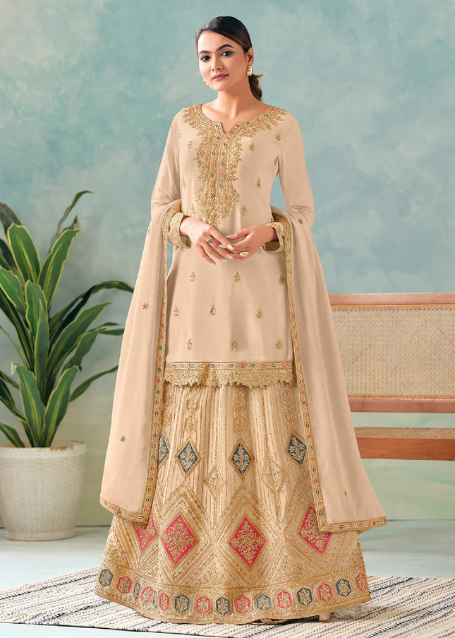 Beige Embroidered Lehenga Suit