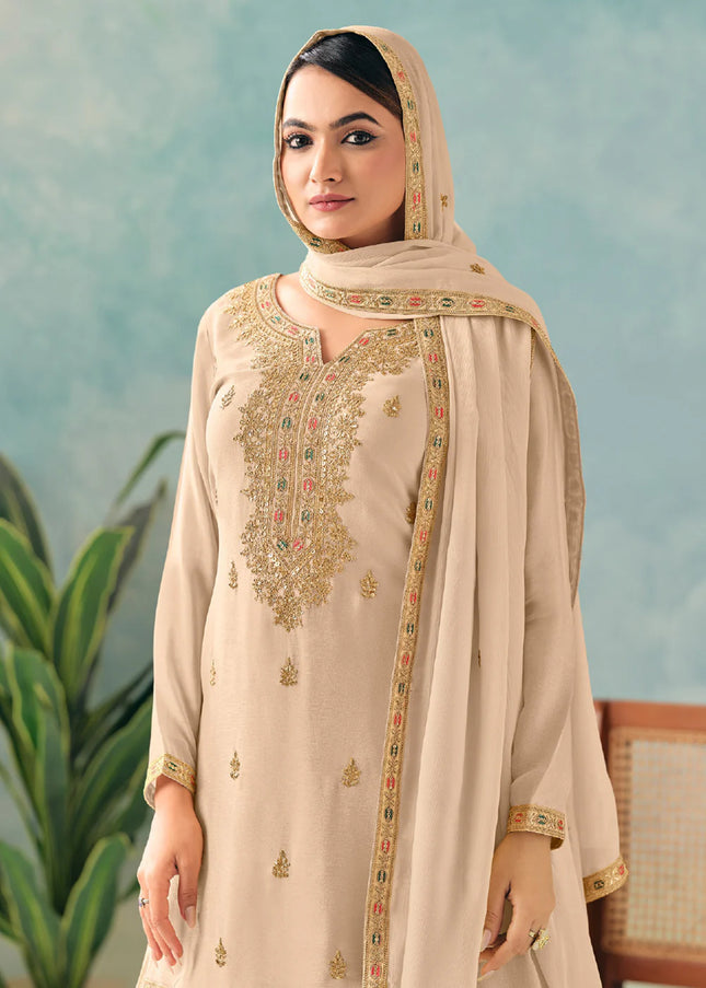 Beige Embroidered Lehenga Suit
