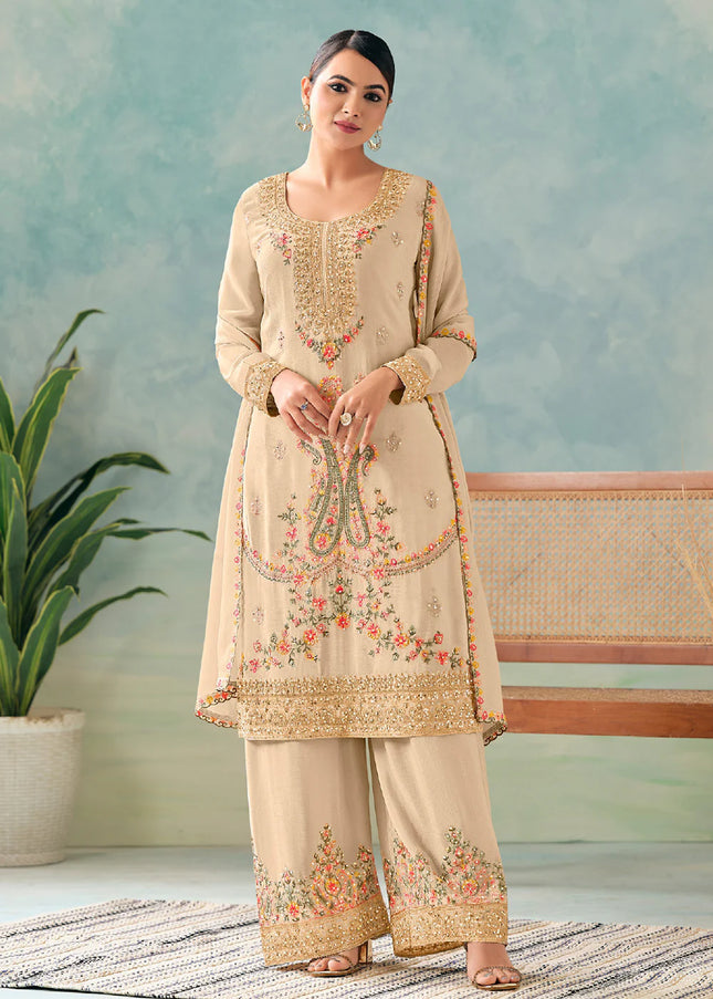 Beige Embroidered Pant Style Suit
