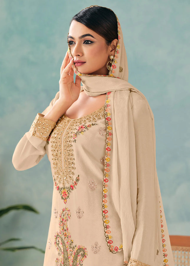 Beige Embroidered Pant Style Suit