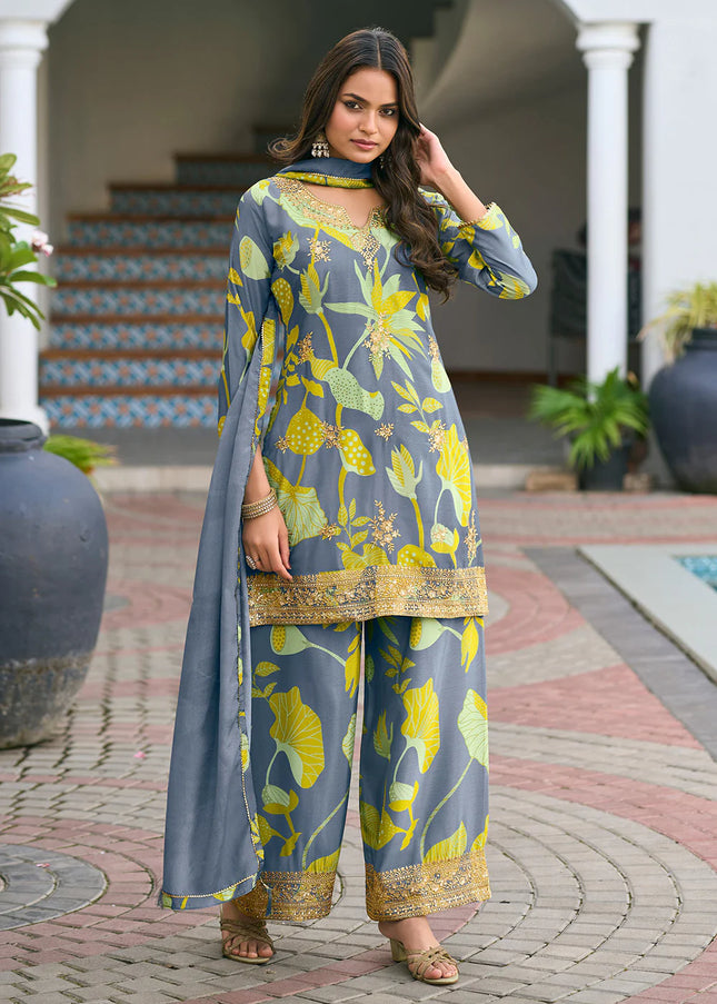 Grey Floral Embroidered Pant Style Suit