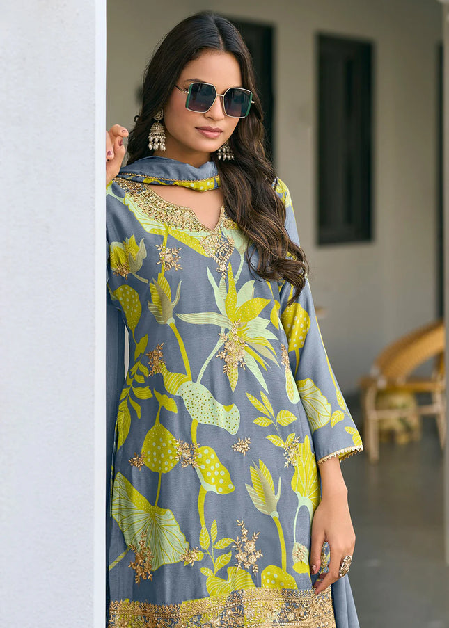 Grey Floral Embroidered Pant Style Suit