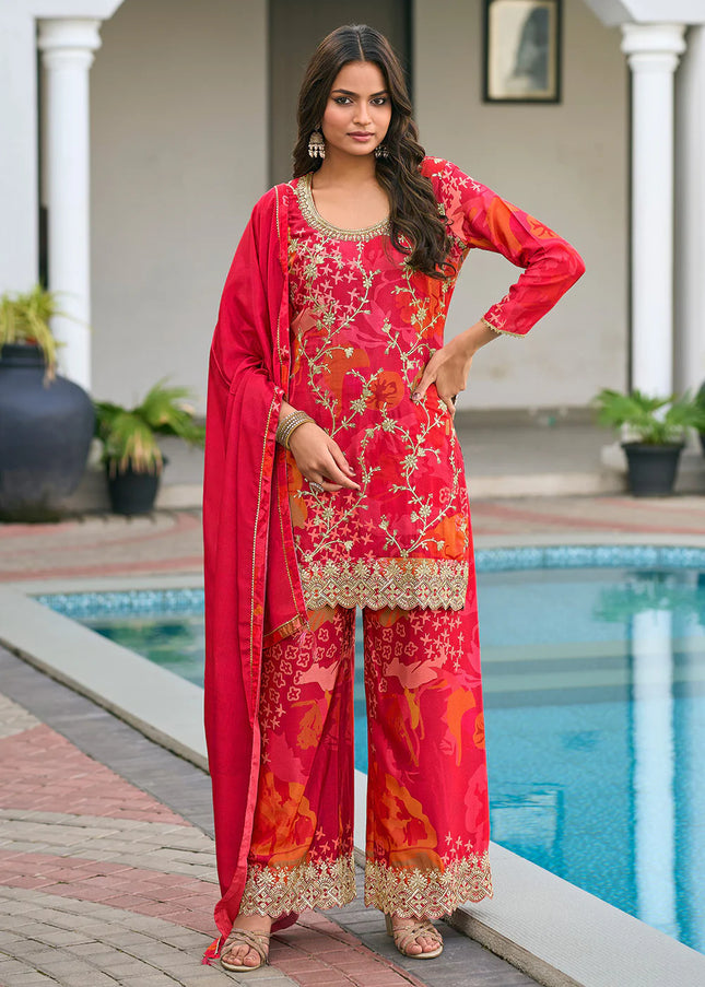 Red Floral Embroidered Pant Style Suit