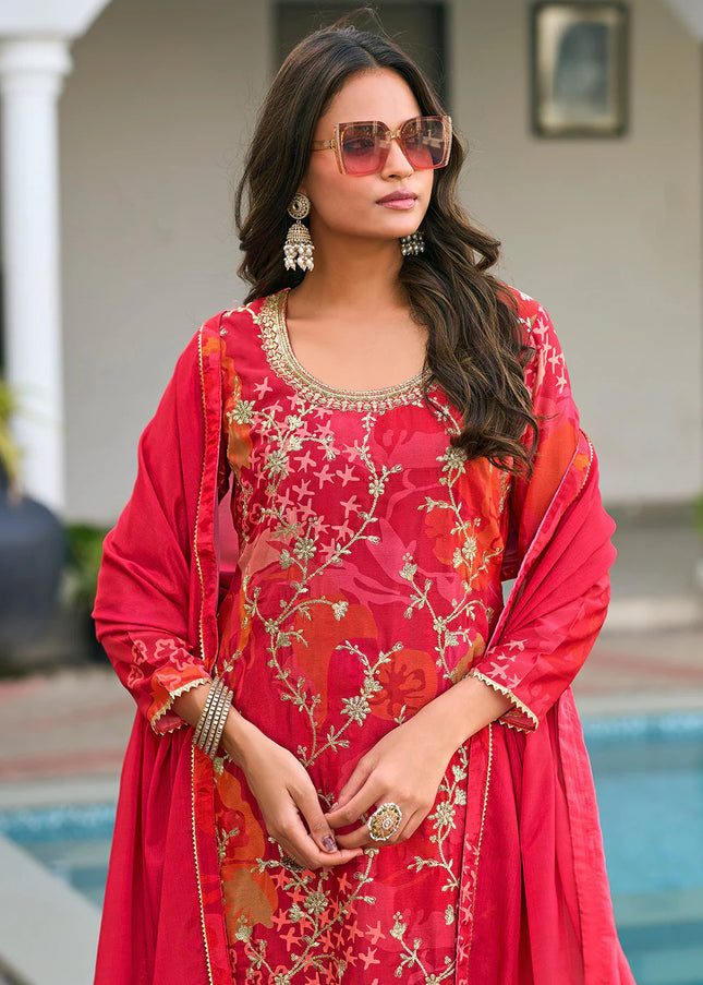 Red Floral Embroidered Pant Style Suit