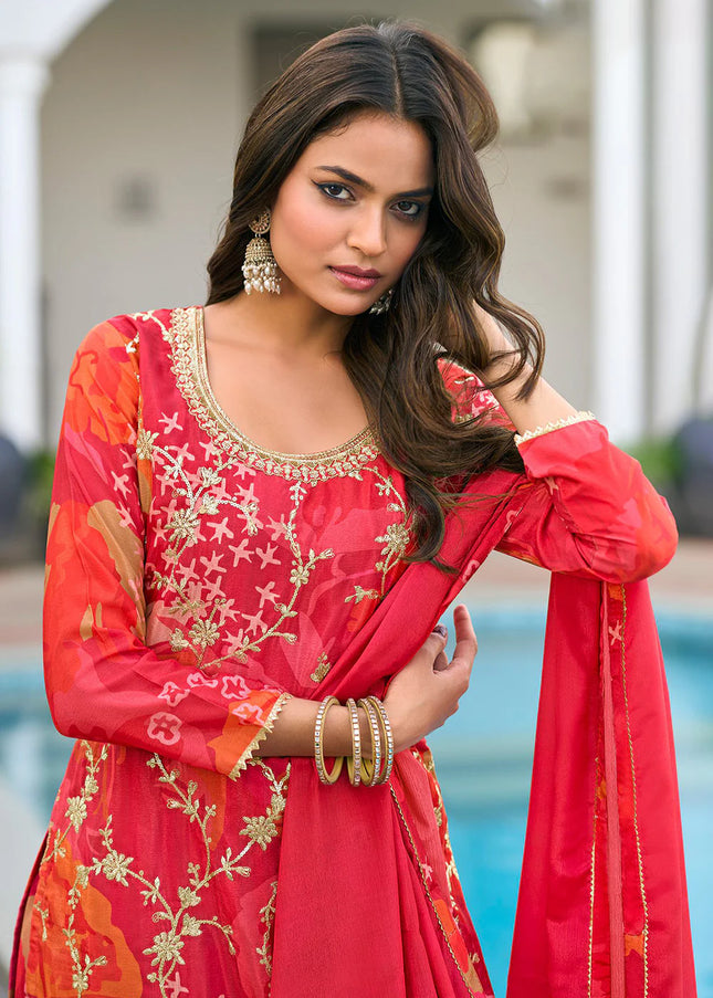 Red Floral Embroidered Pant Style Suit