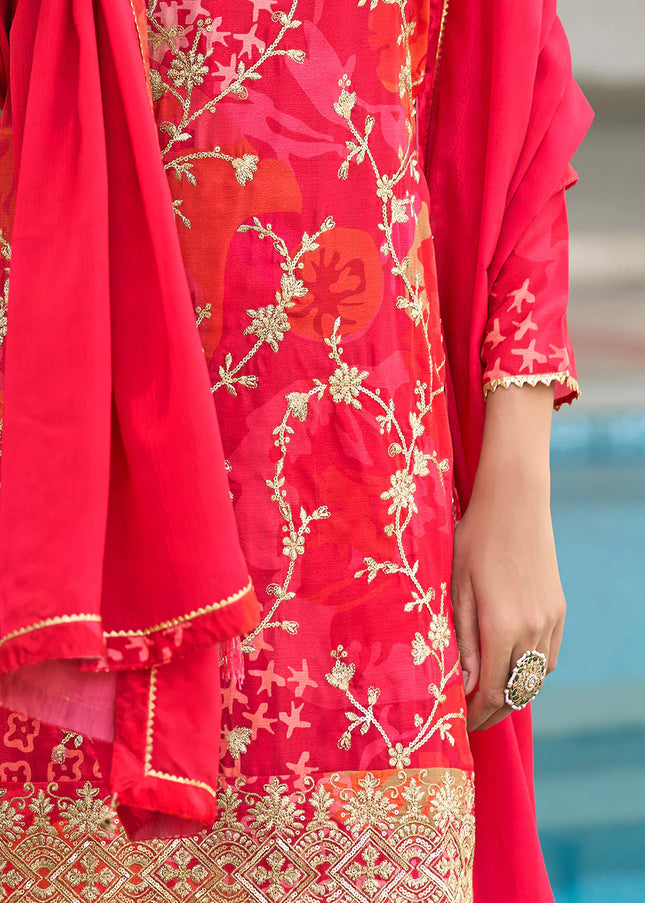 Red Floral Embroidered Pant Style Suit