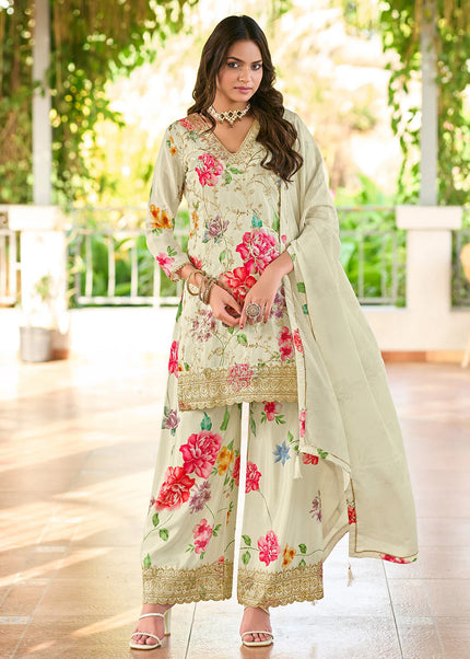 Offwhite Floral Embroidered Pant Style Suit